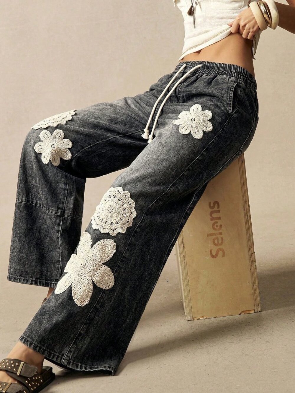 Dark Grey Casual Women's Woven Loose Wide-Leg Jeans